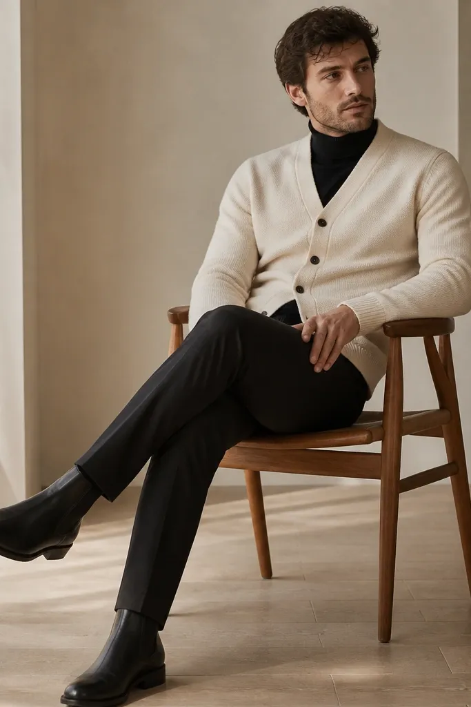 A cream cardigan worn buttoned or partially buttoned over a black turtleneck. The pants are black or charcoal slim trousers. The shoes are black Chelsea boots with a low heel.