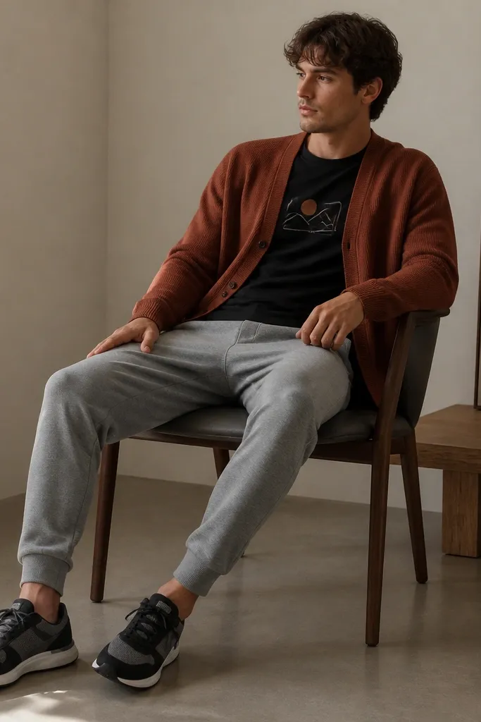 A rust red-brown cardigan worn open over a black t-shirt with a small front graphic. The pants are heather grey joggers with a tapered ankle. The shoes are black and grey running-style sneakers.