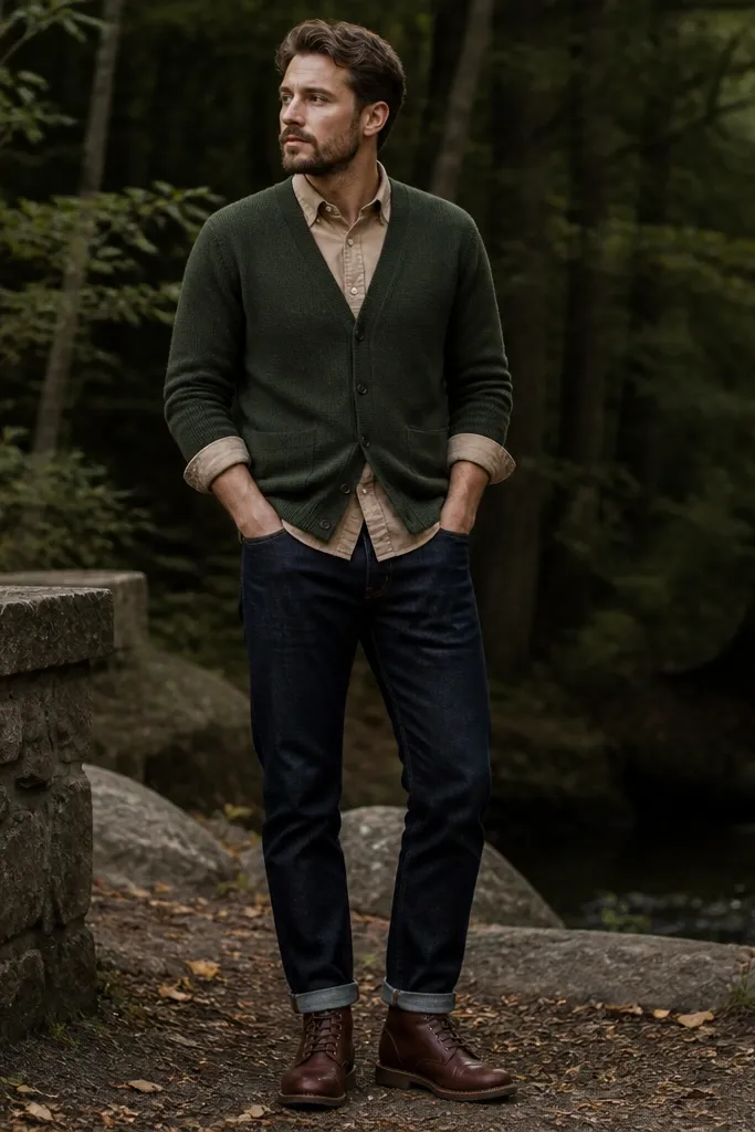 A forest green cardigan over a tan oxford button-down with sleeves rolled to mid-forearm. Dark wash jeans are cuffed once. The shoes are brown leather lace-up boots.