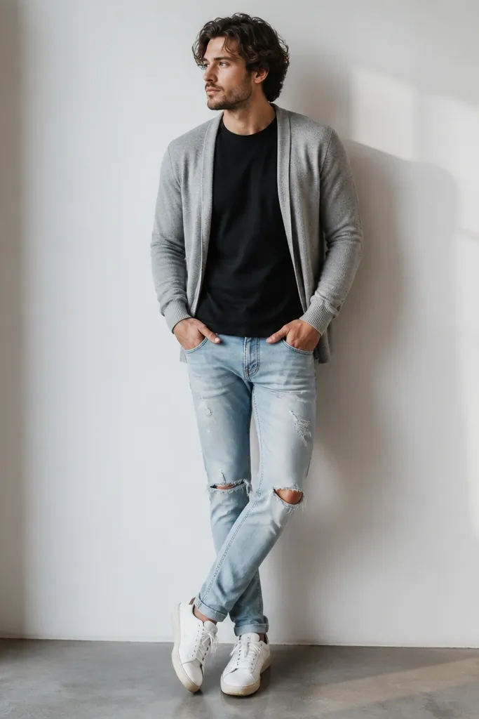 A heather grey cardigan worn open over a plain black crew-neck tee. The jeans are light blue with knee rips and subtle distress. The shoes are white sneakers with a slightly worn sole.