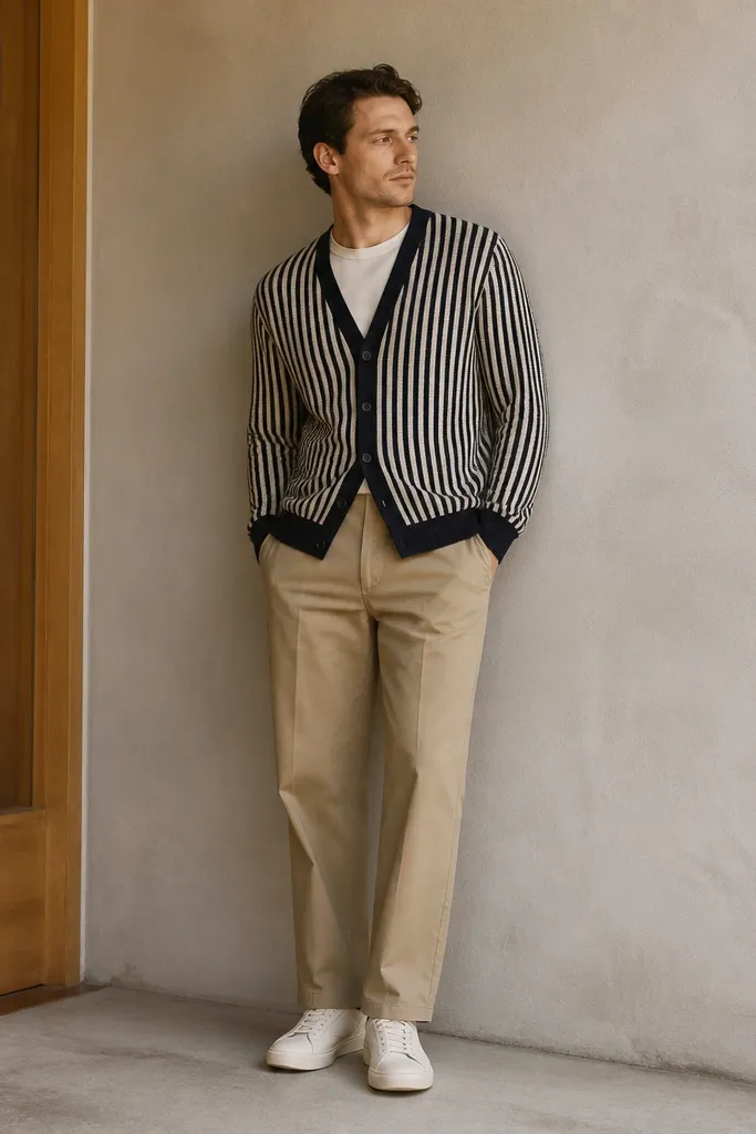 A cardigan with subtle vertical stripes in navy and cream. It's worn buttoned with a plain white or beige t-shirt underneath. Straight khaki pants sit at the natural waist. The shoes are cream sneakers.