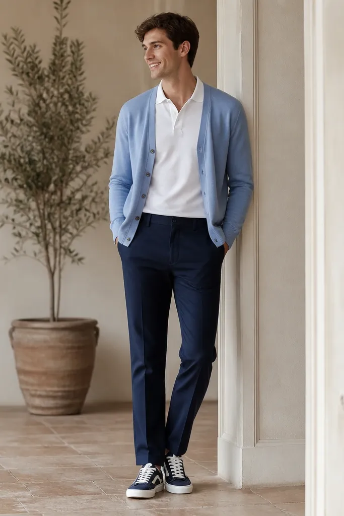 A light blue cardigan worn open over a white polo shirt. Navy chinos are neatly pressed and hemmed. The shoes are navy-and-white low-top sneakers.