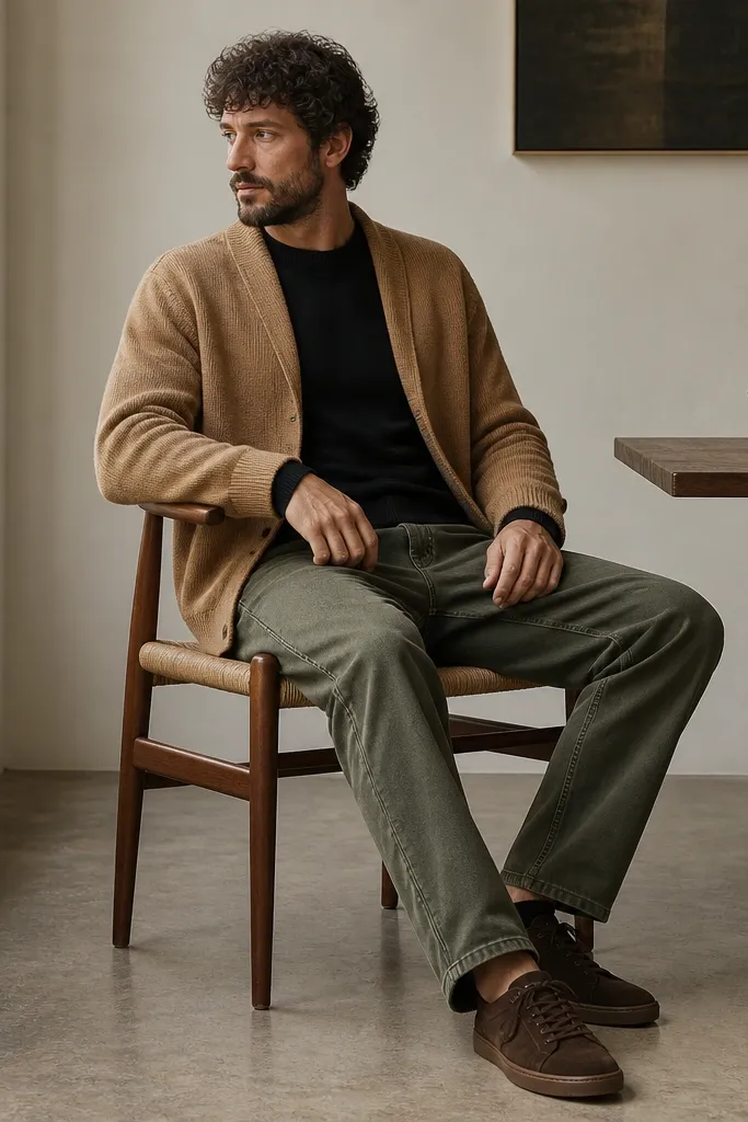 A camel cardigan worn open over a black crewneck sweatshirt. The pants are olive green denim, slightly washed. The shoes are dark brown suede sneakers.