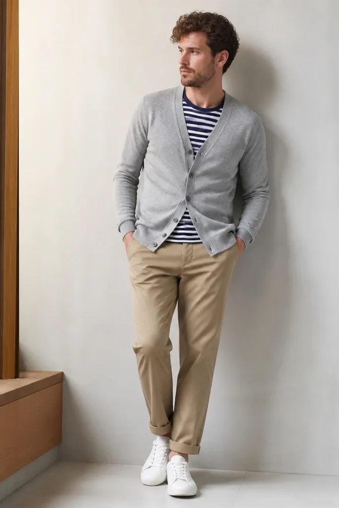 A pale gray cardigan worn buttoned low over a navy-and-white striped T-shirt. Khaki chinos are slim-straight, cuffed slightly at the ankle. White leather sneakers complete the look.