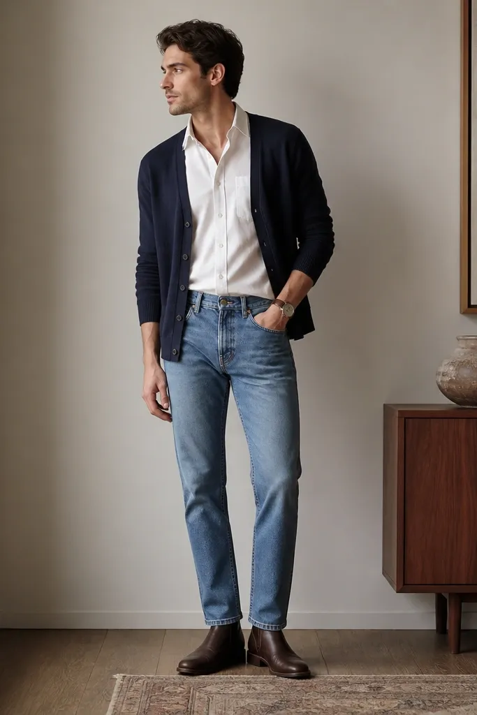 A navy cardigan worn open over a white short-sleeve Oxford shirt. Faded blue straight jeans sit at the waist with a slight taper. Dark brown boots and a simple watch on the wrist.