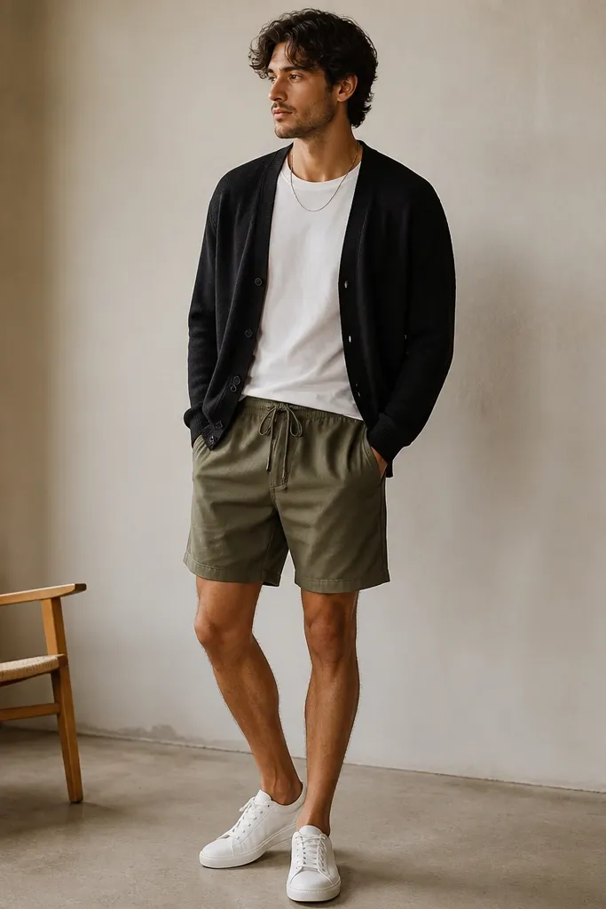 A faded black cardigan worn open over a plain white T-shirt. Olive green shorts with a drawstring and side pockets. White low sneakers and thin gold chain visible at the collar.