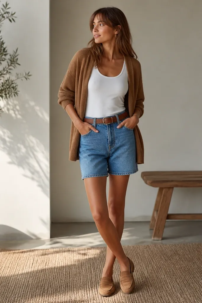A caramel-brown cardigan worn open over a white sleeveless top. Medium-wash denim shorts with a straight leg. Tan suede loafers and a belt with a simple buckle.