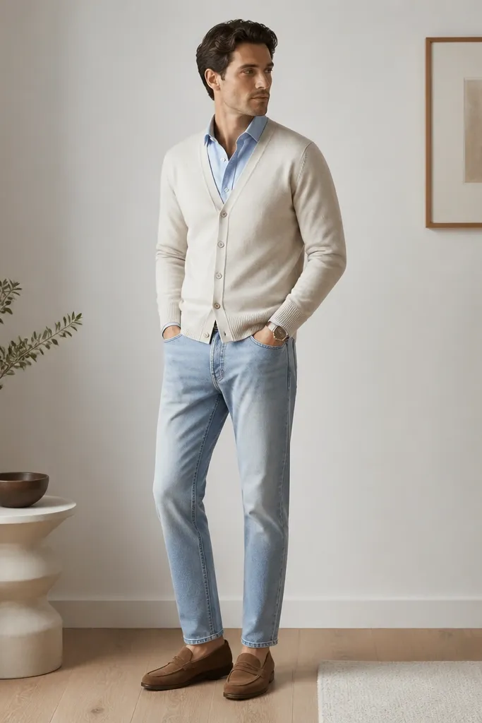 A cream cardigan worn buttoned over a light blue short-sleeve button-up. Light-wash jeans with a slim straight fit. Brown suede loafers and a neat watch.