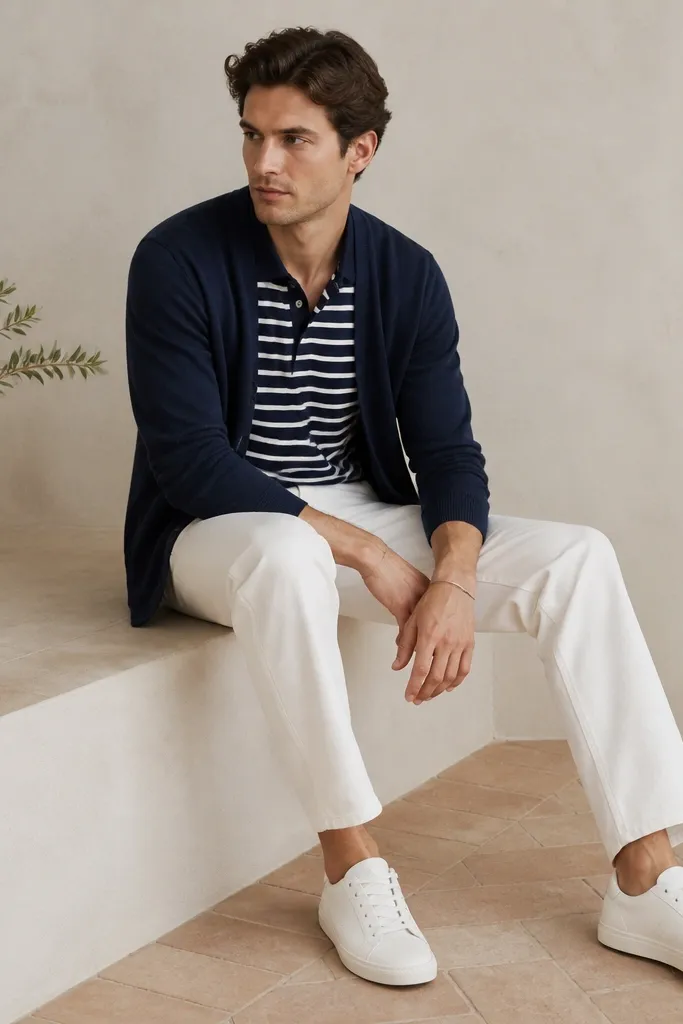 A navy cardigan worn open over a navy-and-white striped polo shirt. White jeans with a straight cut. White sneakers and a minimal bracelet.