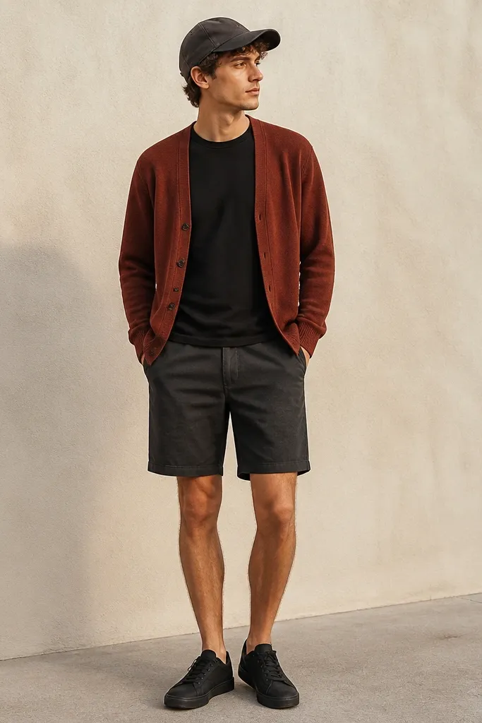 A red-brown cardigan worn open over a black tee. Charcoal gray shorts with a simple front and side pockets. Black sneakers and a dark cap.