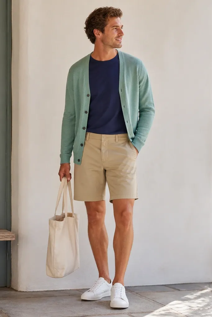 A seafoam green cardigan worn open over a navy crew-neck tee. Tan chino shorts with belt loops. White sneakers and a light cotton tote bag.