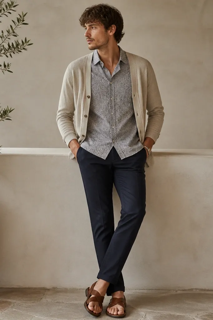 A thin cardigan in oatmeal worn open over a short-sleeve patterned button-up (small floral or micro print). Dark navy trousers or slim jeans. Leather sandals or minimal sneakers.