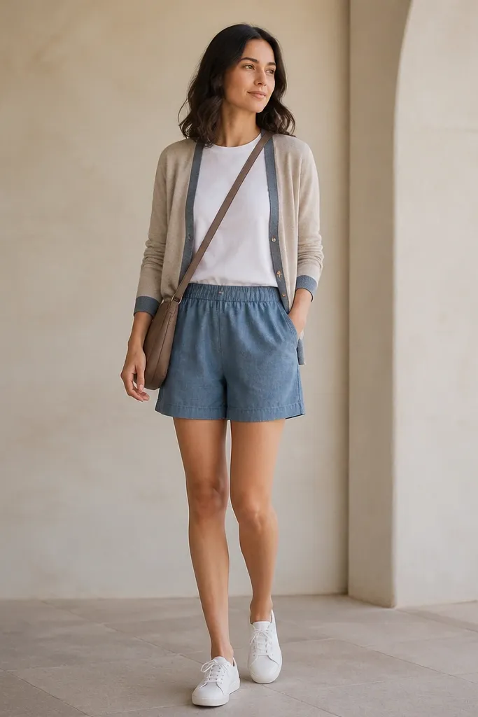 A cardigan with a light knit body and darker trim at the edges, worn open over a white crew-neck tee. Blue chambray shorts with a relaxed fit. White canvas sneakers and a simple crossbody bag.
