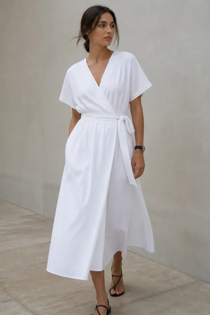 A white cotton poplin wrap dress with a V-neck and side tie, subtle gathered waist, model wearing black minimalist sandals and a black watch.