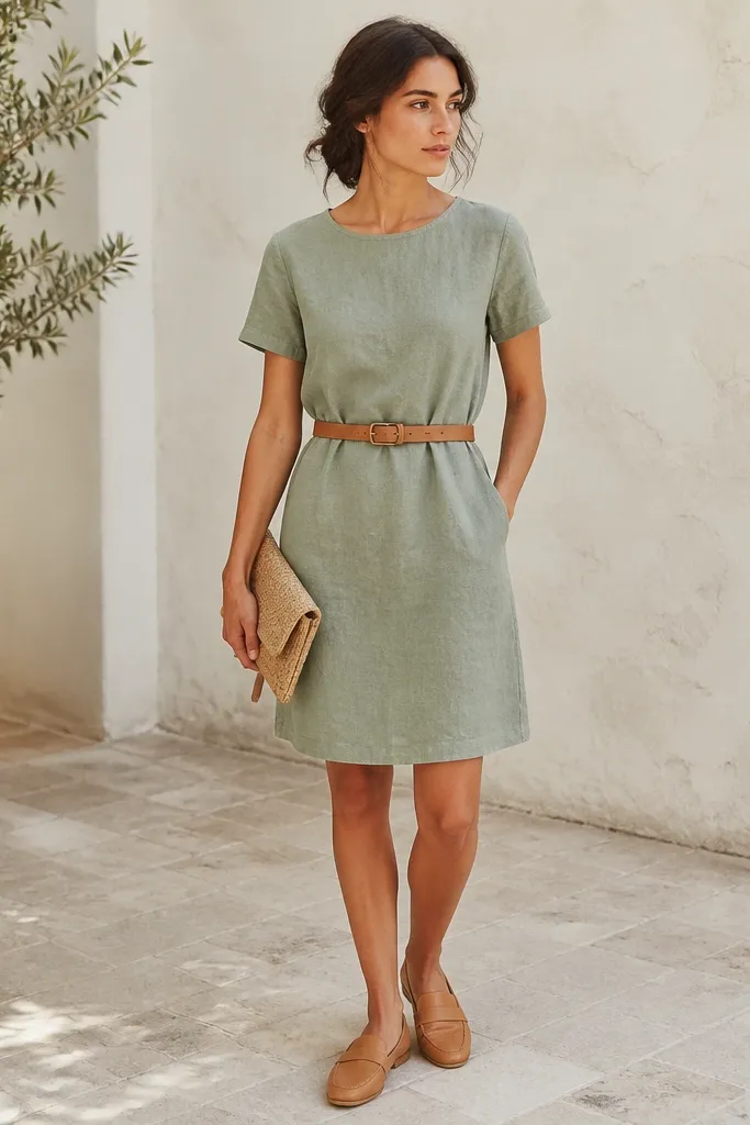 A sage green linen shift dress with a clean crew neckline, short sleeves, and a tan leather belt; model holds a woven clutch and wears light brown loafers.