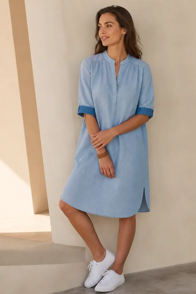 A light blue chambray dress with a stand collar, button placket, and elbow-length sleeves rolled to show a darker chambray cuff; model wears white sneakers and a woven bracelet.