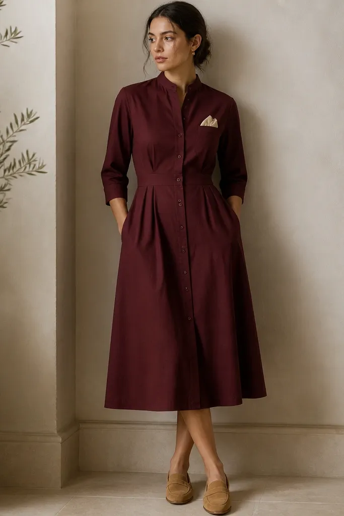A burgundy poplin dress with a short grandad collar, three-quarter sleeves, and a buttoned front; model wears tan suede loafers and a cream pocket square in the chest pocket.