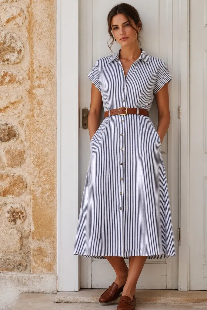 A navy-and-white seersucker midi dress with vertical button placket, short sleeves, and a slight A-line; model wears brown leather belt and loafers.
