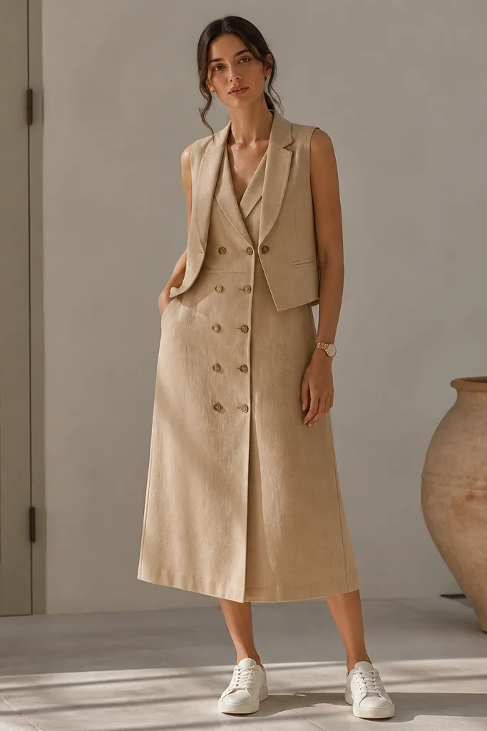 A tan linen dress with double-button front and a sleeveless matching waistcoat layered over it; model wears white low-top shoes and a gold watch.