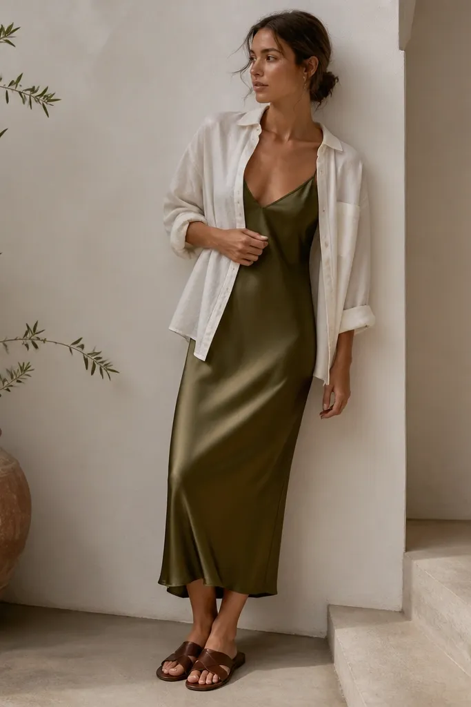 An olive satin-look slip dress with thin straps and a V neckline, layered under an open linen button-down; model wears dark brown leather sandals.