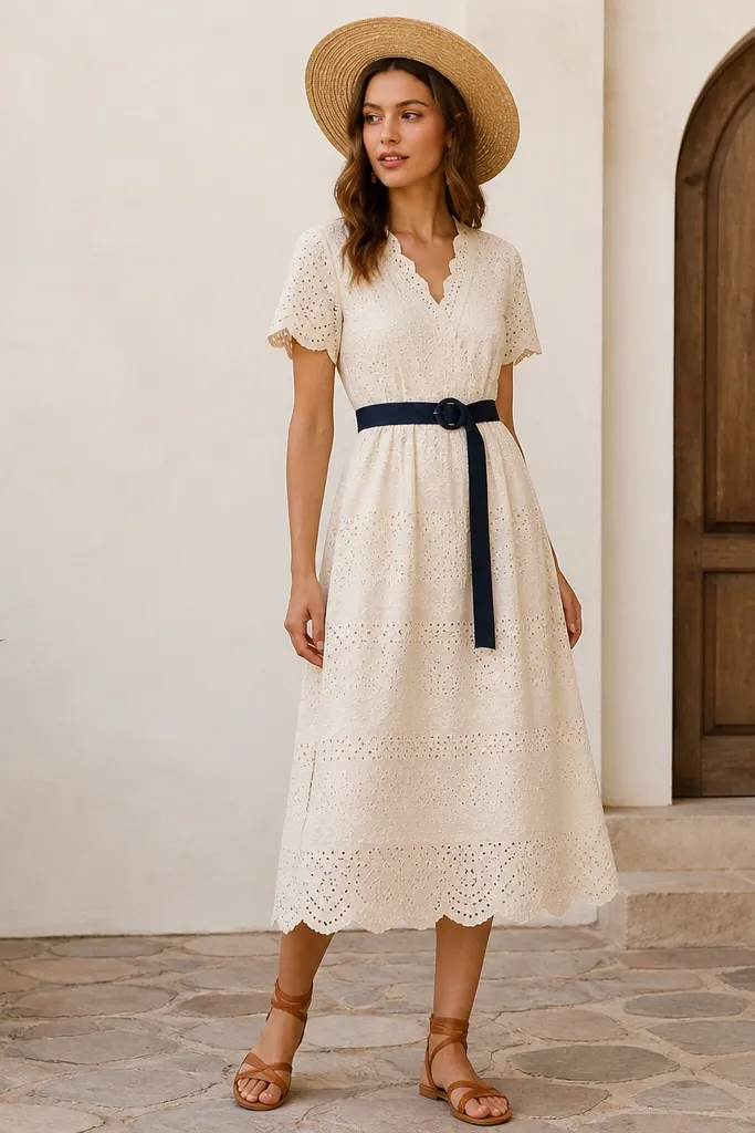 A cream eyelet dress with short sleeves, scalloped edges, and an adjustable navy belt; model wears a straw hat and tan leather sandals.