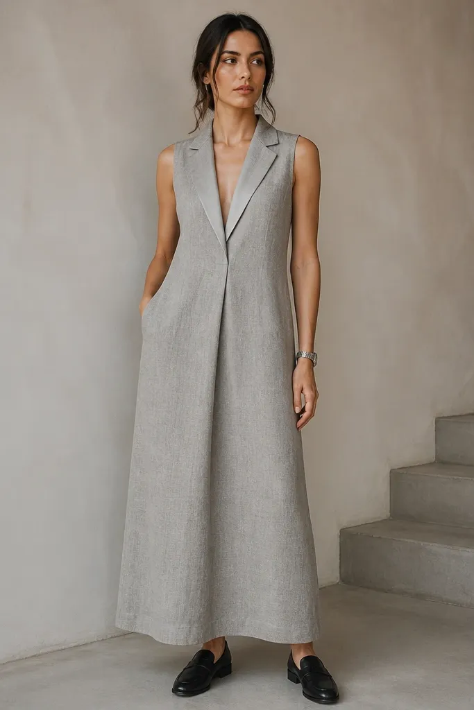 A gray linen dress with a tux-style V front and subtle satin trim on the lapel; model wears black leather loafers and a silver watch.
