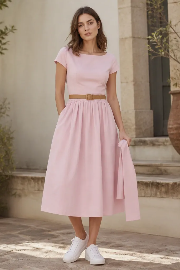 A powder pink cotton midi dress with a fitted bodice and a detachable matching tie sash; model wears white leather sneakers and a light tan belt.