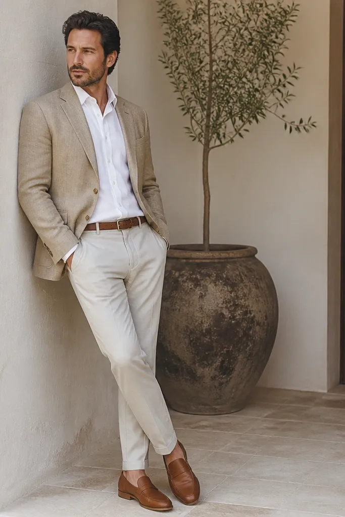 A man wearing a sand-colored linen blazer with a two-button front, paired with a crisp white cotton poplin button-down shirt. The trousers are light stone cotton with a slim taper. A brown leather belt matches tan loafers with no-show liner socks.