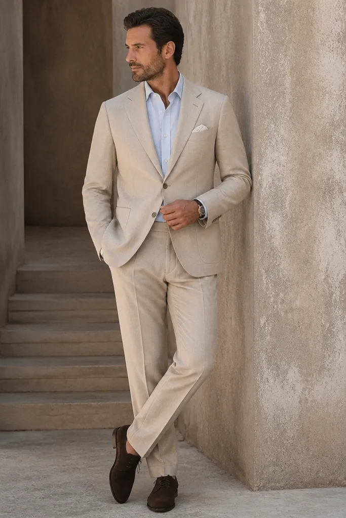 A man in an oatmeal cotton suit jacket with a subtle twill texture. He wears a pale blue dress shirt underneath and a linen pocket square in off-white. The trousers are matching oatmeal with a neat break. He has dark brown lace-up shoes and a thin watch strap.