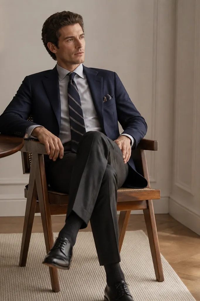 A man in a navy linen blazer with visible linen texture, layered over a light gray cotton dress shirt. He wears charcoal tailored trousers and a black-and-navy striped tie. The shoes are polished black oxfords.