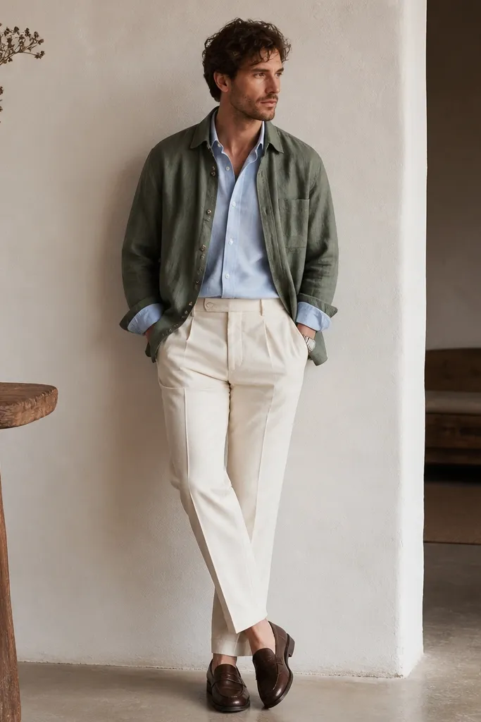 A man layered in a light blue cotton poplin shirt with the buttons done up halfway, under a sage green linen overshirt. He wears cream cotton trousers and dark brown leather loafers. The overshirt is unbuttoned with the cuffs showing.
