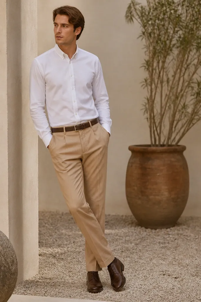 A man wearing camel linen trousers with a crisp white cotton shirt tucked in. The shirt collar is buttoned, sleeves are down, and the outfit includes a thin dark brown belt. He wears dark leather derby shoes.