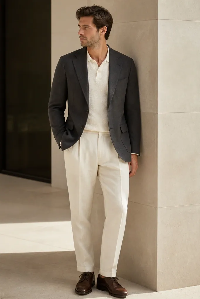 A man in a charcoal cotton blazer with a smooth finish, paired with off-white linen trousers. He wears a white knit polo underneath and brown leather lace-ups. The blazer has a clean pocket and minimal hardware.