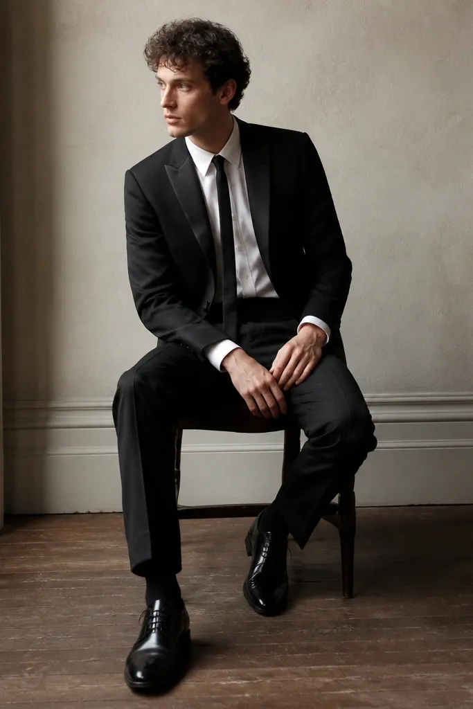A man wearing a black linen blazer with a satin-like lapel trim, paired with a white cotton oxford shirt. He wears a slim black tie and black tailored trousers. Shoes are black leather with a slight shine.