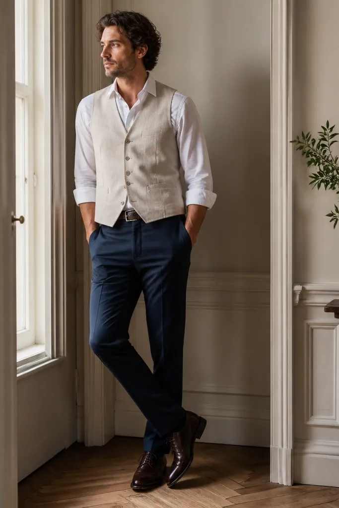A man wearing navy cotton trousers with a linen vest in off-white layered over a white button-down shirt. There is no jacket. He wears a navy belt and dark brown oxford shoes.