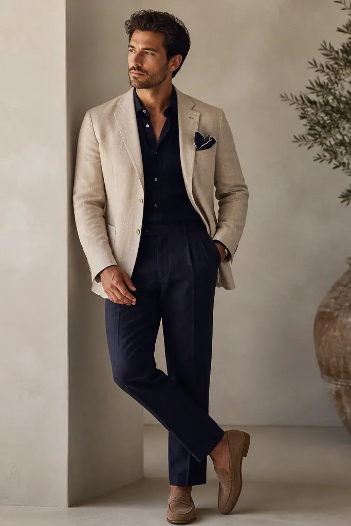 A man wearing a stone linen jacket over a navy cotton shirt. The trousers are the same navy shade as the shirt, creating a coordinated set. He wears light brown loafers and a navy pocket square with a white edge.
