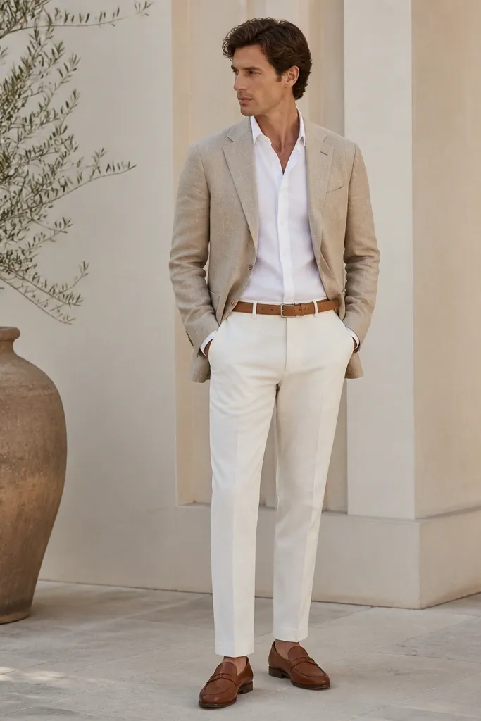 A light oatmeal linen blazer worn open over a crisp white poplin button-down. Tan belt and medium-brown leather loafers. Trousers are off-white with a straight hem and no break.