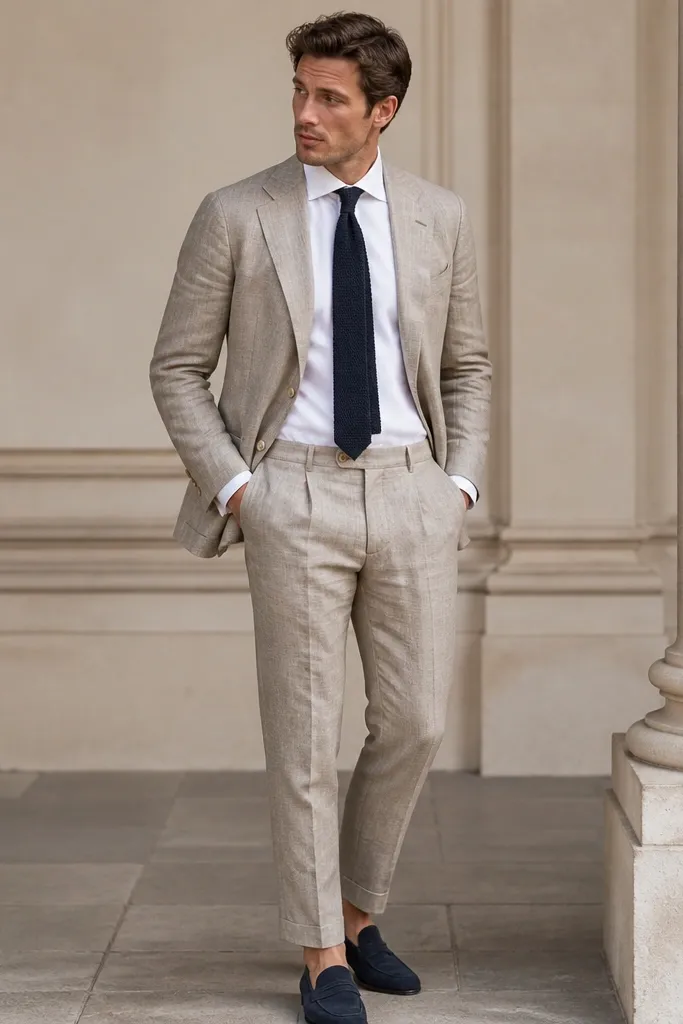 A stone-colored linen suit set with a navy knitted tie. White dress shirt with a slightly spread collar. The jacket is unbuttoned and the tie knot sits centered, with dark navy loafers.