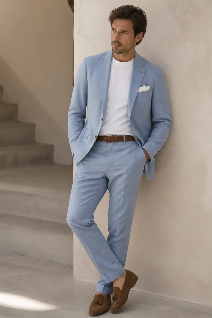 A light blue cotton blazer and matching trousers. White pocket square is folded in linen with visible weave. A white crew-neck or short-collar shirt underneath. Brown belt and suede loafers.