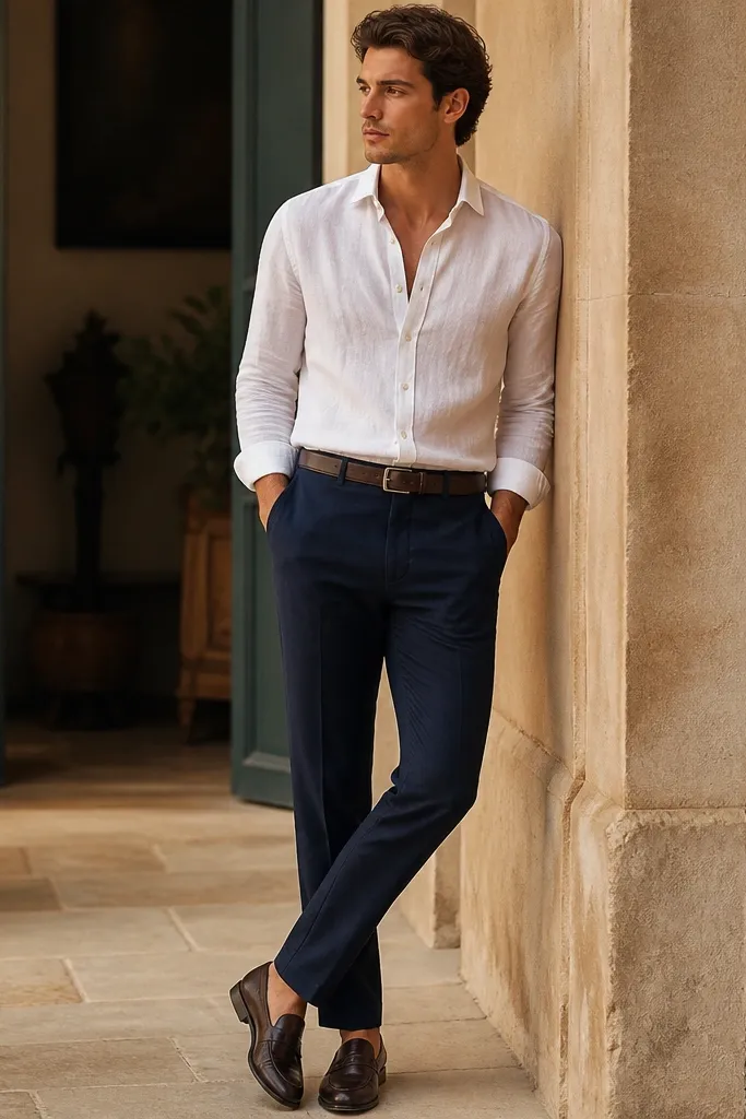 A white linen button-down worn slightly open at the top, tucked into navy cotton trousers. Dark brown belt and classic leather loafers. The shirt shows natural wrinkles and a relaxed collar.