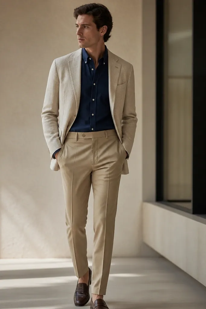 A navy cotton oxford button-down tucked into tan trousers, with an unbuttoned linen blazer in light beige. The blazer hangs open and the shirt collar looks thick and structured. White sneakers are not present; the shoes are dark leather.
