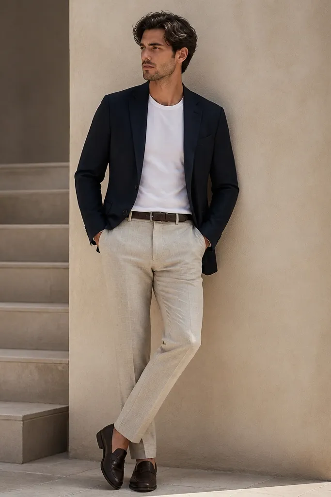 A light sand linen trouser with a white cotton crew-neck tee under a navy blazer. The tee fits close at the neck and sleeves, and the blazer is tailored but unbuttoned. Dark loafers and a simple belt.