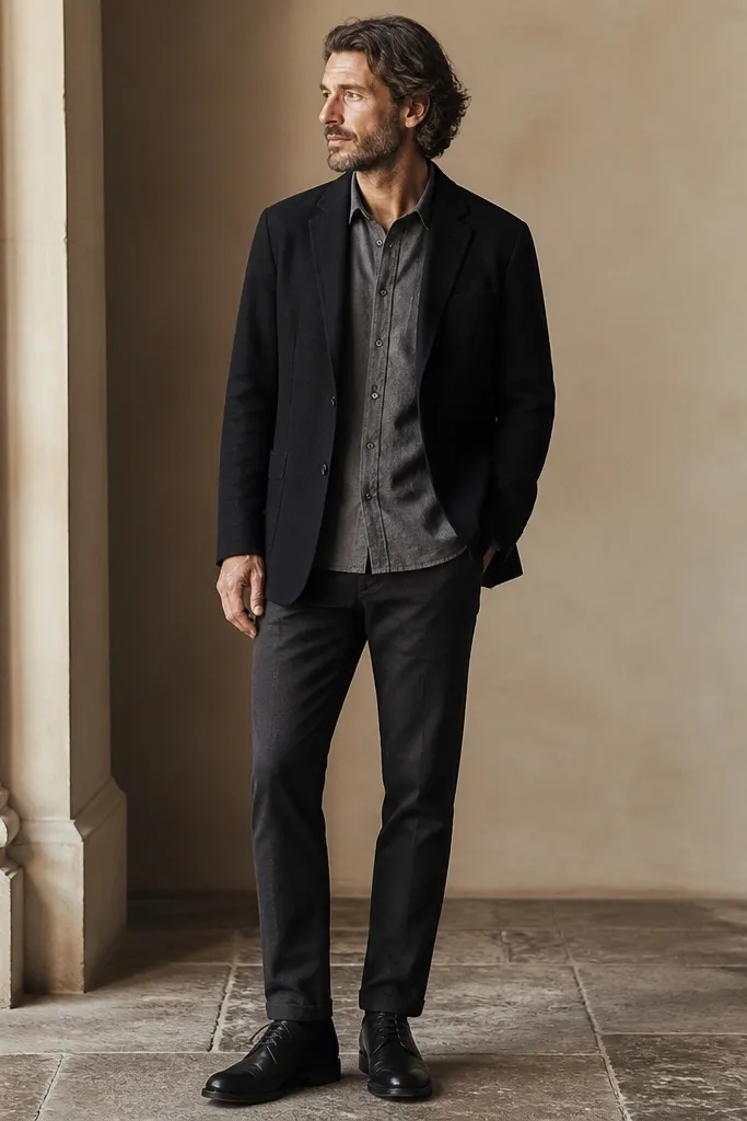 A black linen blazer with lapels and natural creases. Under it, a gray cotton dress shirt with a subtle check or plain weave. The trousers are charcoal cotton. Black leather lace-up shoes.