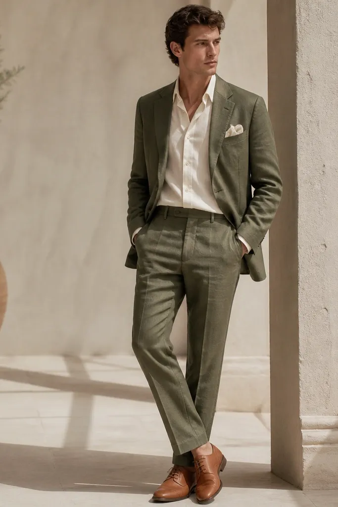 An olive linen suit with a cream cotton shirt tucked in. The jacket has a slightly relaxed fit and the shirt has a crisp collar. Shoes are tan leather lace-ups. A cream linen pocket square sits in the jacket.