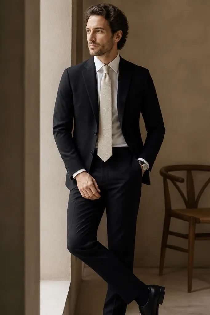 A black cotton suit with a white shirt and an off-white linen tie. The tie knot looks textured, and the jacket has clean edges. Black leather shoes and a simple watch.