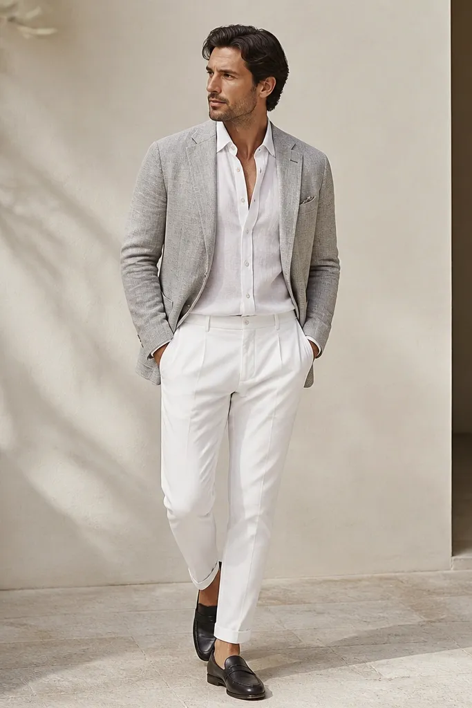 A light gray linen jacket worn open over a white shirt, paired with white cotton trousers. The jacket shows visible linen weave and natural creasing at the elbows. White sneakers are replaced with dark leather loafers.
