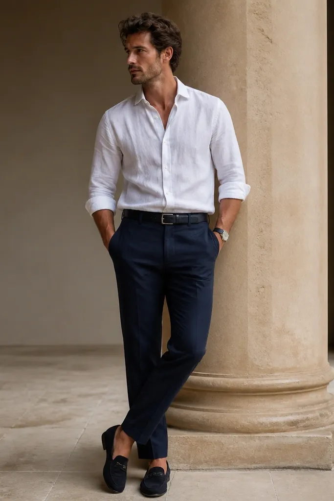 A white linen shirt tucked into navy cotton trousers. A navy leather belt matches the trousers. Dark navy loafers and a simple watch. The shirt is slightly wrinkled at the torso and sleeves.