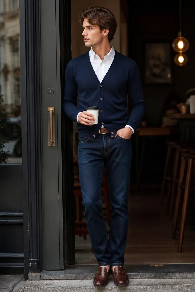A model wearing a navy V-neck cardigan over a crisp white Oxford button-down, sleeves ending at the wrist. Dark indigo jeans and a brown leather belt with cognac leather loafers. Background is a café doorway with soft daylight.