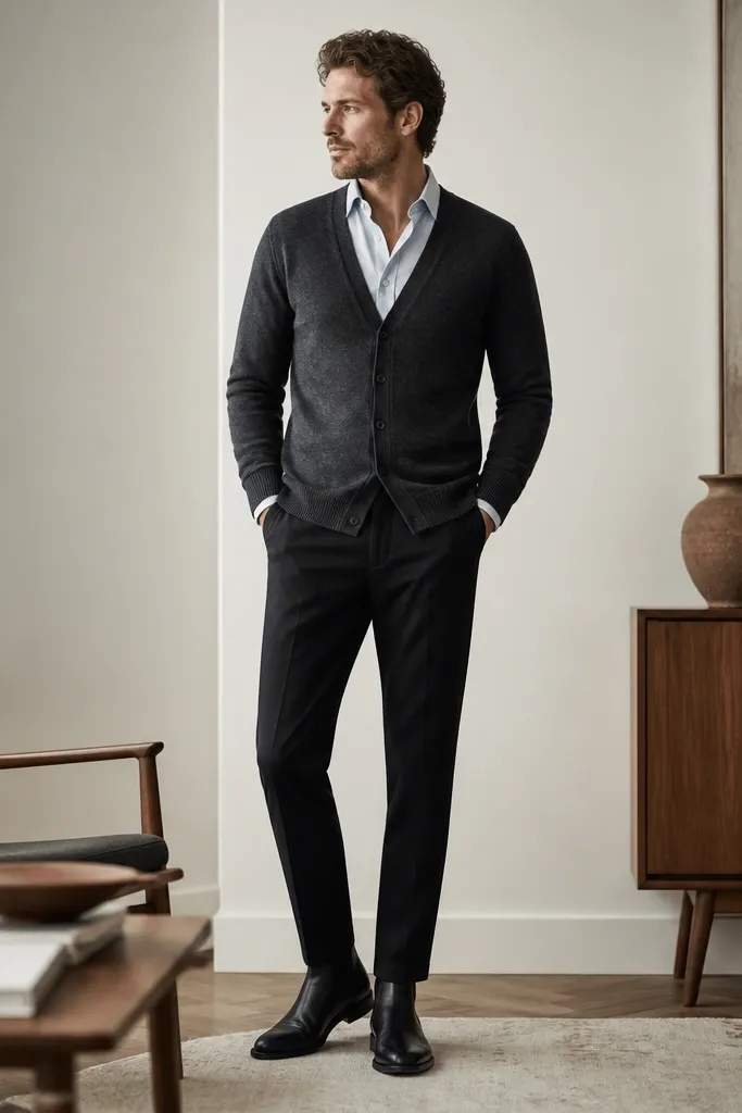 Charcoal grey V-neck cardigan over a pale blue chambray shirt, top button open. Tailored black trousers with a subtle taper and black leather Chelsea boots.