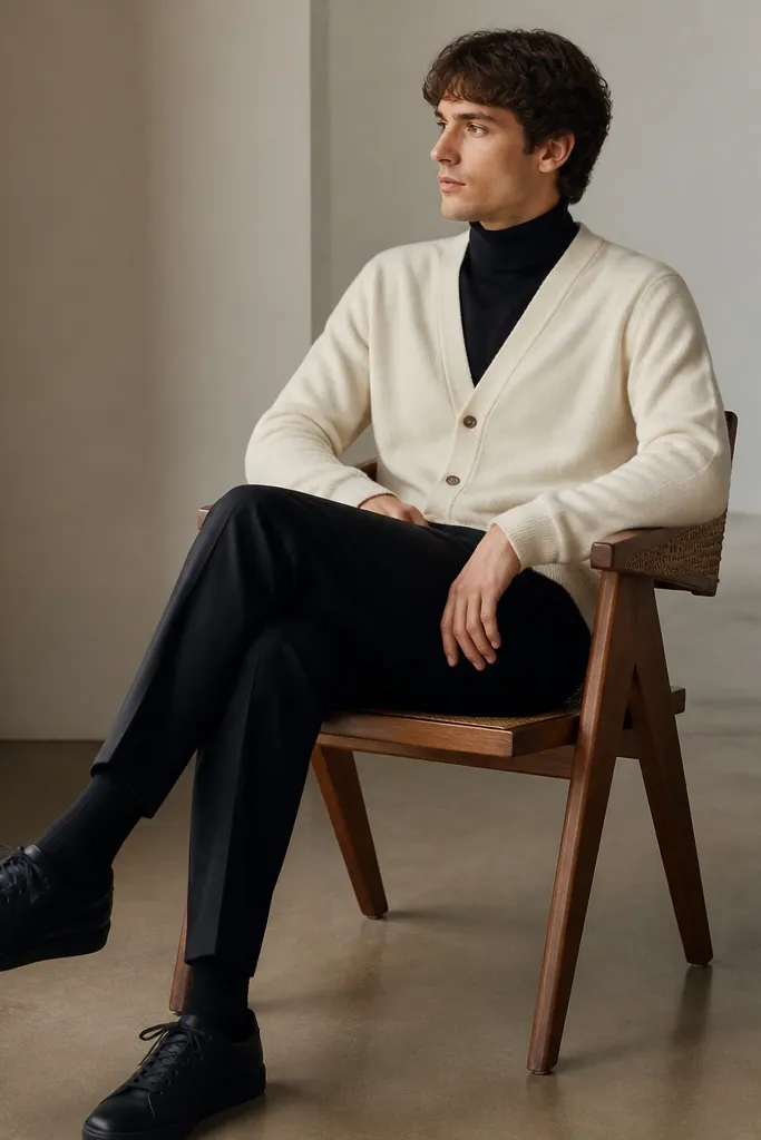 A cream V-neck cardigan layered over a black fine-gauge turtleneck. The turtleneck is fitted and smooth at the neck. Slim dark trousers and black sneakers with low profile.
